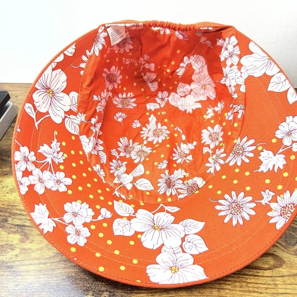 Bright Orange‎ Wide Brim Sun Hat Flowers Lined Retro Summer Beach Boating
